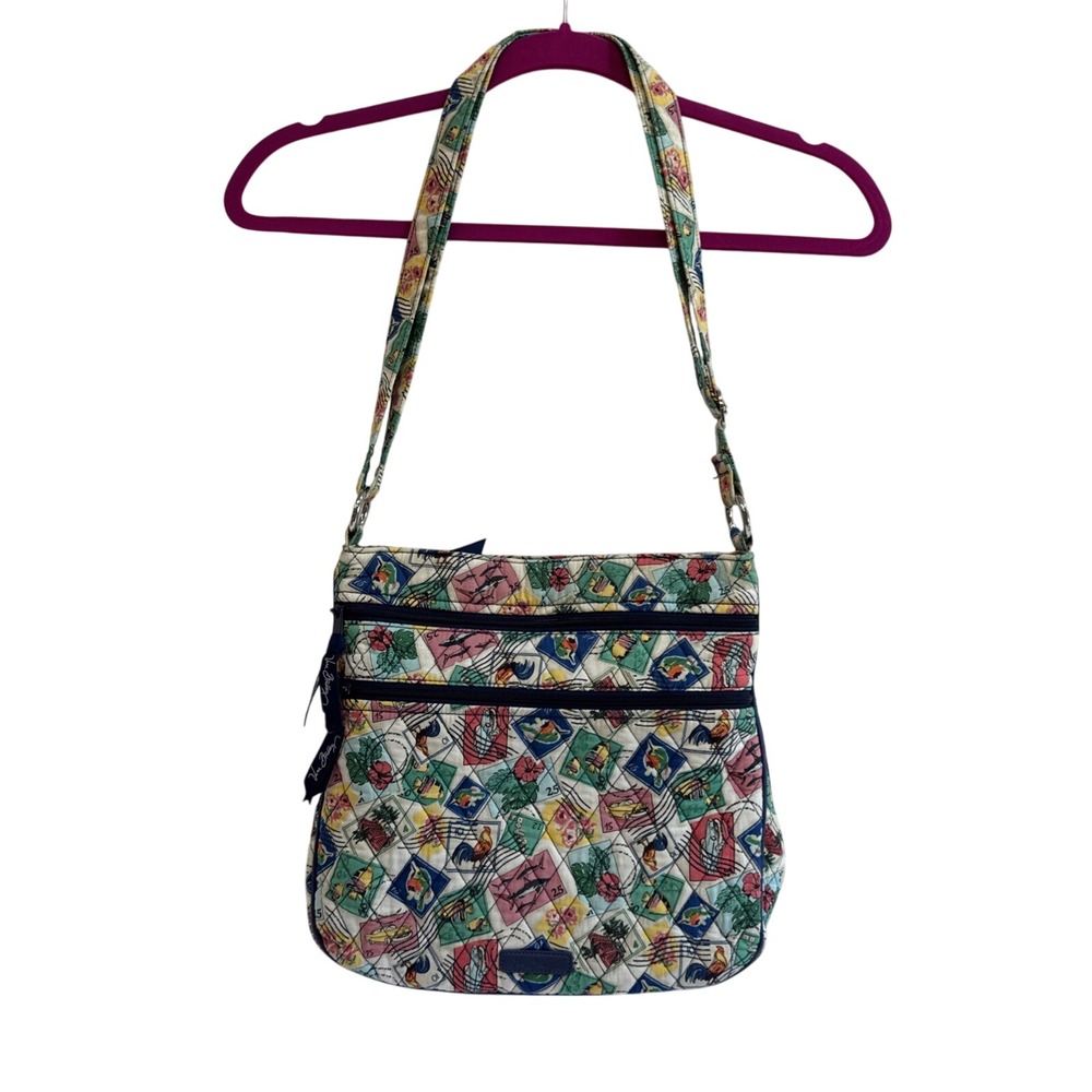 Vera Bradley Quilted Stamp Print Crossbody Bag Navy Blue Trim Adjustable Strap
